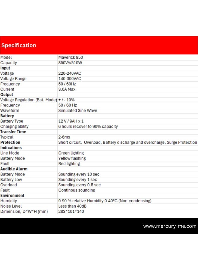 Mercury Maverick 850VA/510W UPS, Offline, 2 Universal Sockets, 9AH Battery - Image 5